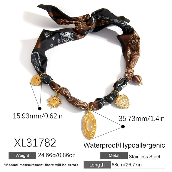 Women's Stainless Steel Maillard Style Heart Shape Pendant Necklace With Silk Scarf Chain And Electroplating Design