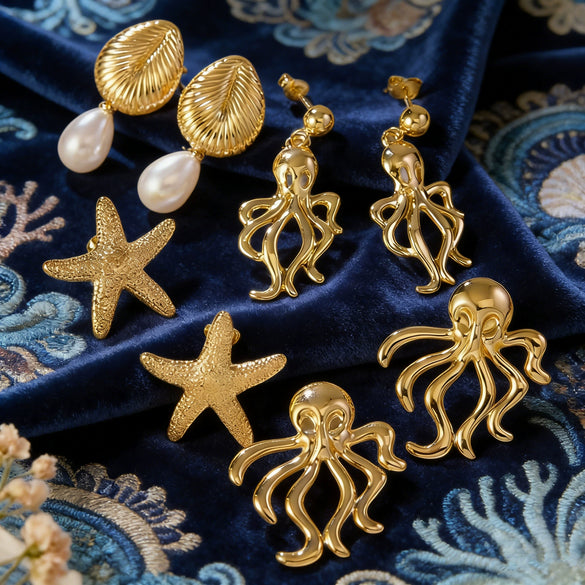 Women's Stainless Steel Marine Style Shell Pearl Starfish Jellyfish Geometric Earrings With Stamped High End Fashion Design