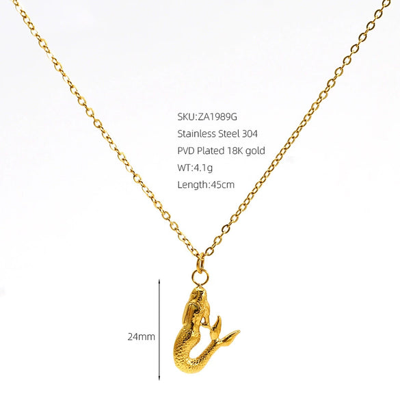 Women's Stainless Steel Mermaid Feather Pendant Necklace With Goldplated Finish And Oshaped Chain Retro Personality Jewelry Accessory