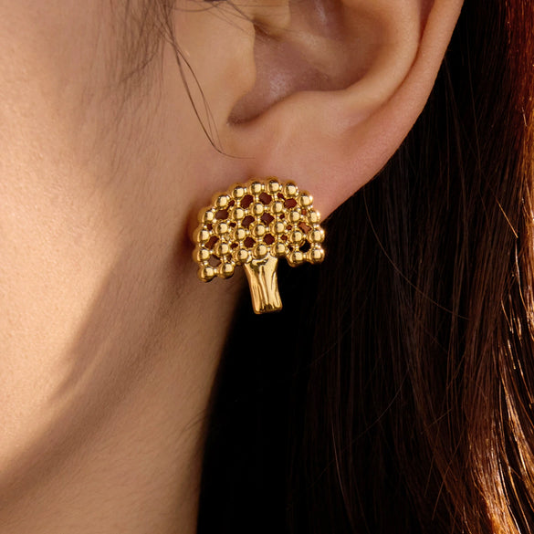 Women's Stainless Steel Metal Ball Splicing Big Tree Earrings With Electroplating Design And Fashion Style