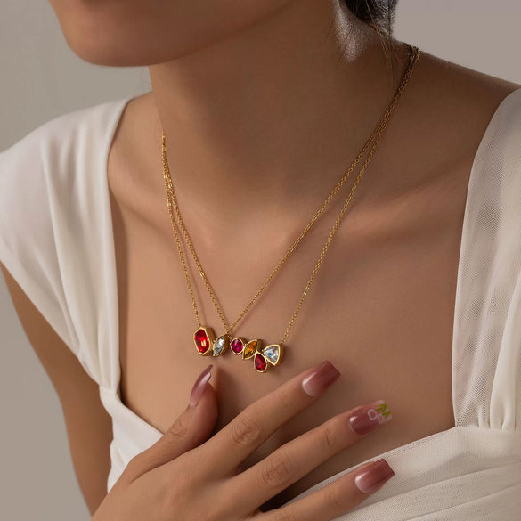 Women's Stainless Steel Minimalist Geometric And Drop Shape Ruby Zircon Clavicle Necklace