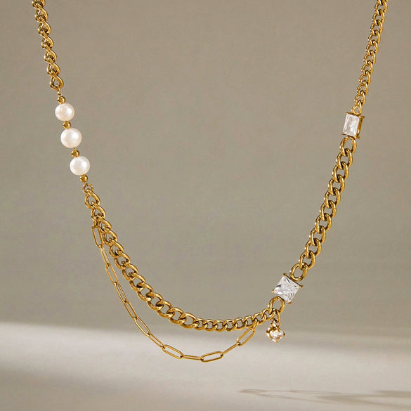 Women's Stainless Steel Multi Layer Pearl Necklace With Geometric Zircon Pendant And Vacuum Gold Plated Chain