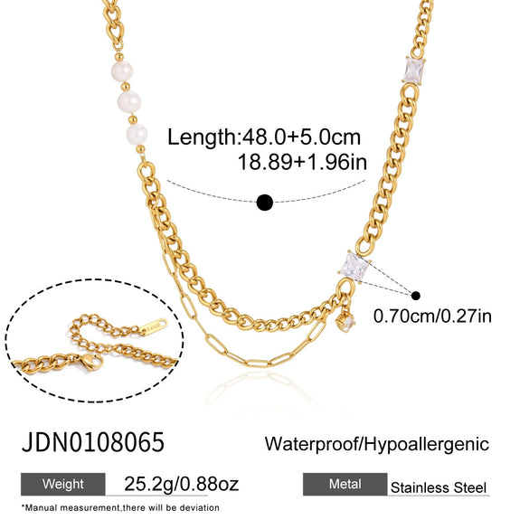 Women's Stainless Steel Multi Layer Pearl Necklace With Geometric Zircon Pendant And Vacuum Gold Plated Chain