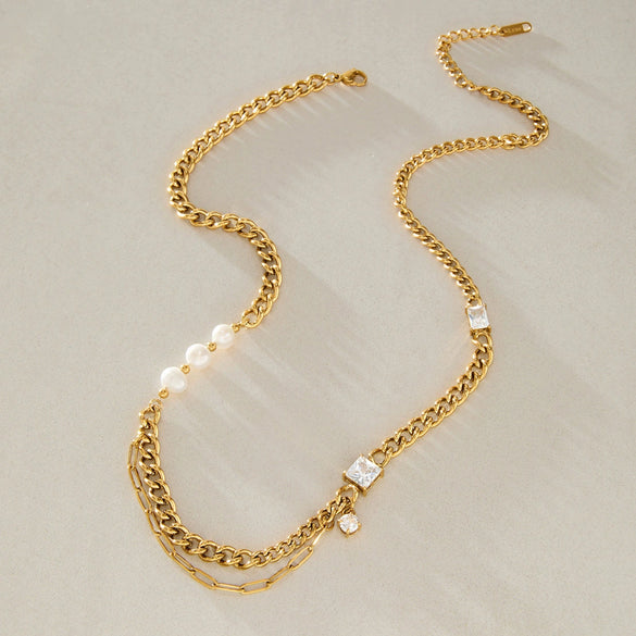 Women's Stainless Steel Multi Layer Pearl Necklace With Geometric Zircon Pendant And Vacuum Gold Plated Chain