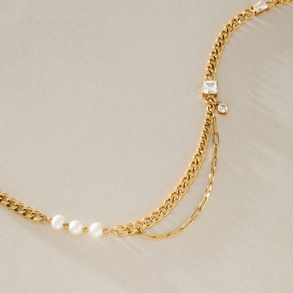 Women's Stainless Steel Multi Layer Pearl Necklace With Geometric Zircon Pendant And Vacuum Gold Plated Chain