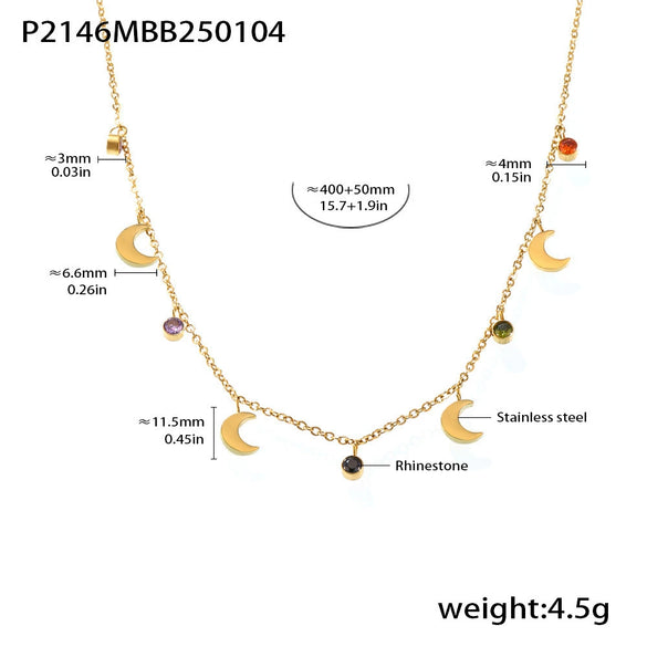 Women's Stainless Steel Multicolor Rhinestone Tassel Moon Clavicle Necklace With Zircon Pendant Electroplated 18K Gold Geometric Style