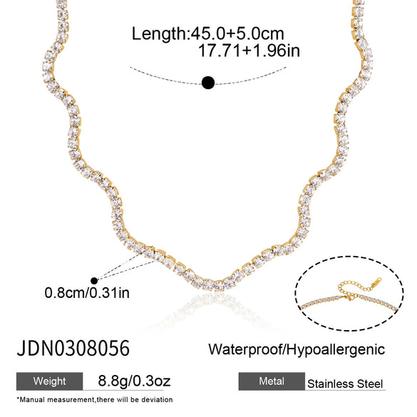 Women's Stainless Steel Necklace And Bracelet Set With Full Diamond Wave Design And Geometric Plated Jewelry