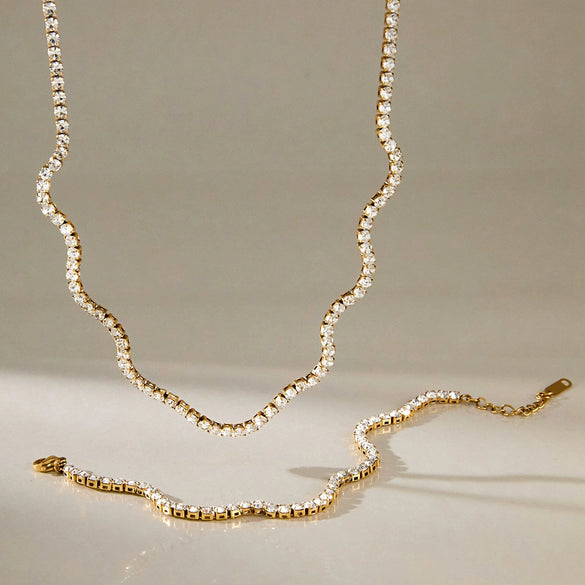 Women's Stainless Steel Necklace And Bracelet Set With Full Diamond Wave Design And Geometric Plated Jewelry