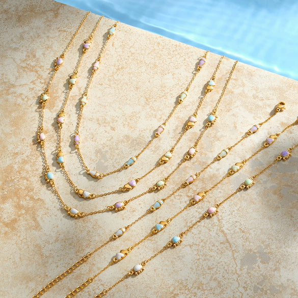 Women's Stainless Steel Necklace And Bracelet Set With Geometric Crab Heart Pattern And Oil Drip Electroplated Finish