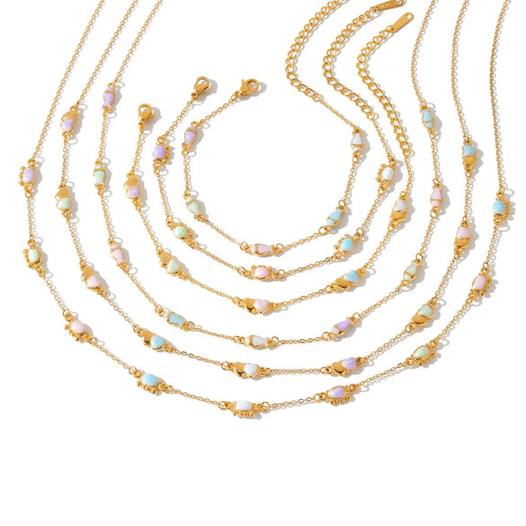 Women's Stainless Steel Necklace And Bracelet Set With Geometric Crab Heart Pattern And Oil Drip Electroplated Finish