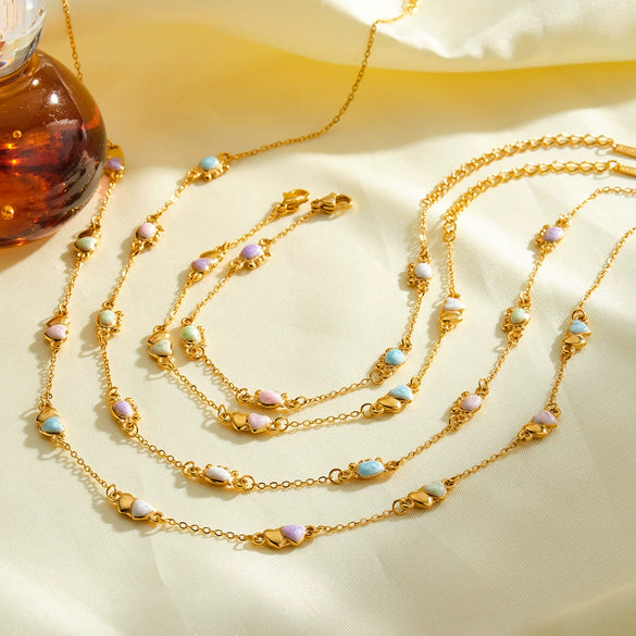 Women's Stainless Steel Necklace And Bracelet Set With Geometric Crab Heart Pattern And Oil Drip Electroplated Finish
