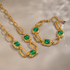 Women's Stainless Steel Necklace And Bracelet Set With Green Artificial Crystal Geometric Irregular Chain And Gold Tone Pvd Finish