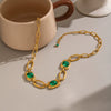 Women's Stainless Steel Necklace And Bracelet Set With Green Artificial Crystal Geometric Irregular Chain And Gold Tone Pvd Finish