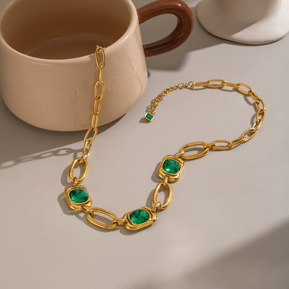 Women's Stainless Steel Necklace And Bracelet Set With Green Artificial Crystal Geometric Irregular Chain And Gold Tone Pvd Finish