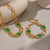 Women's Stainless Steel Necklace And Bracelet Set With Green Artificial Crystal Geometric Irregular Chain And Gold Tone Pvd Finish