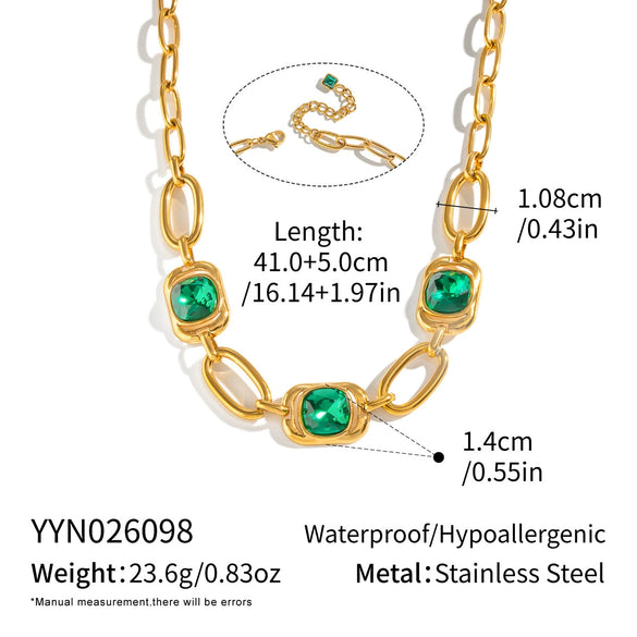 Women's Stainless Steel Necklace And Bracelet Set With Green Artificial Crystal Geometric Irregular Chain And Gold Tone Pvd Finish
