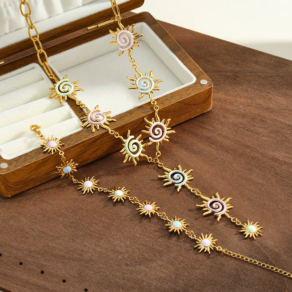 Women's Stainless Steel Necklace And Bracelet Set With Sunflower Pattern Geometric Design And 18K Vacuum Plated Enamel Finish