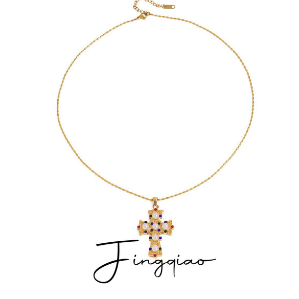 Women's Stainless Steel Necklace With Geometric Pattern Cross Pendant Electroplated Inlaid With Colored Diamond And Pearl