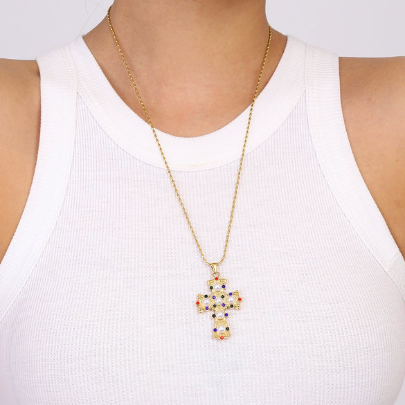 Women's Stainless Steel Necklace With Geometric Pattern Cross Pendant Electroplated Inlaid With Colored Diamond And Pearl