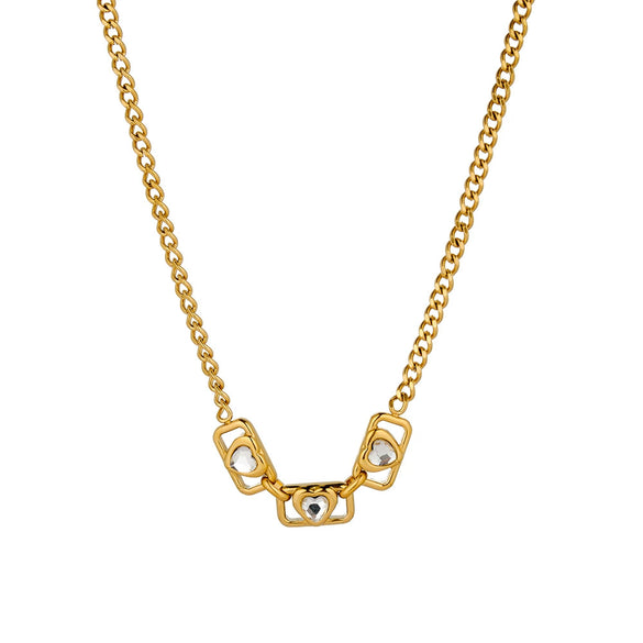 Women’s Stainless Steel Necklace With Geometric Square Heart Design Zircon Accents And 18K Vacuum Plated Finish