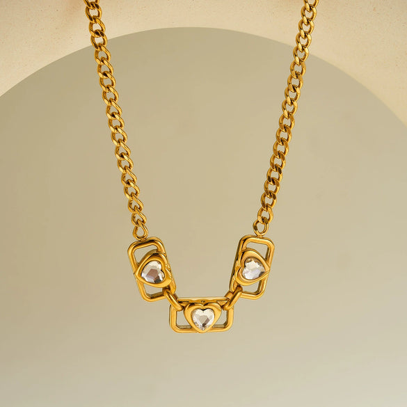 Women’s Stainless Steel Necklace With Geometric Square Heart Design Zircon Accents And 18K Vacuum Plated Finish