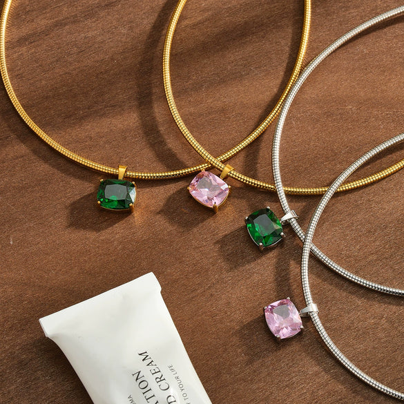 Women's Stainless Steel Necklace With Geometric Square Pattern Zircon Inlay And Vacuum Electroplated Finish