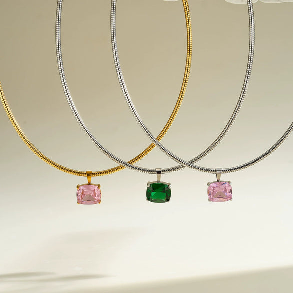 Women's Stainless Steel Necklace With Geometric Square Pattern Zircon Inlay And Vacuum Electroplated Finish