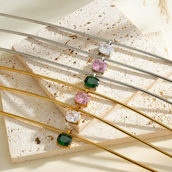 Women's Stainless Steel Necklace With Geometric Square Pattern Zircon Inlay And Vacuum Electroplated Finish