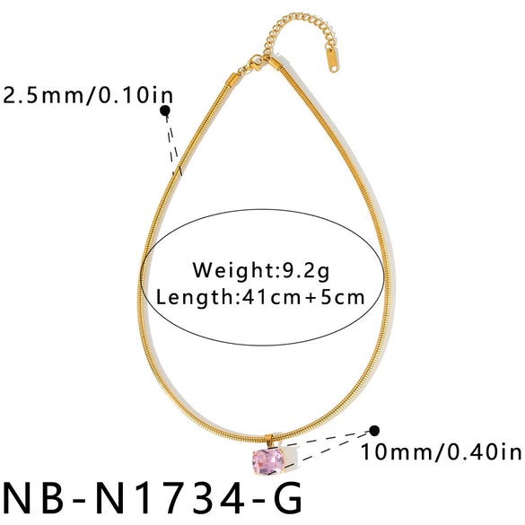 Women's Stainless Steel Necklace With Geometric Square Pattern Zircon Inlay And Vacuum Electroplated Finish