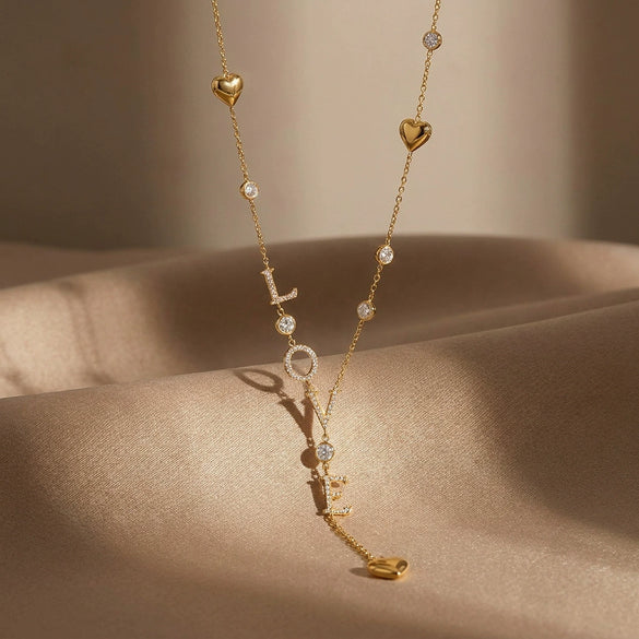 Women's Stainless Steel Necklace With Love Letter Heart And Round Geometric Pendant Zircon And Rhinestone Inlaid Electroplated Fashion Jewelry