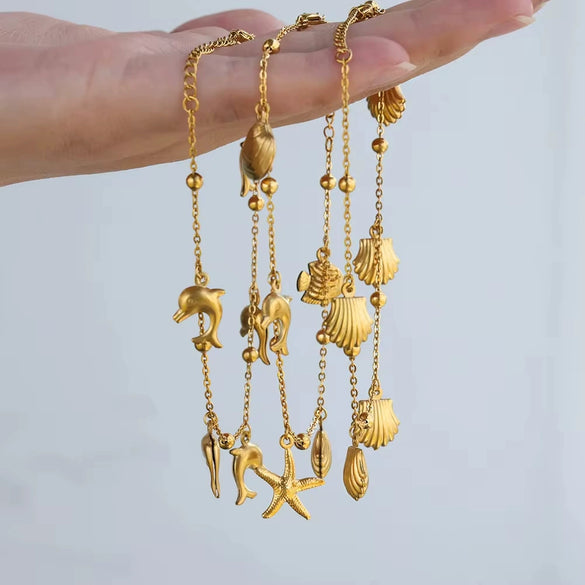 Women's Stainless Steel Ocean Series Anklet With Dolphin Starfish Shell Pendant