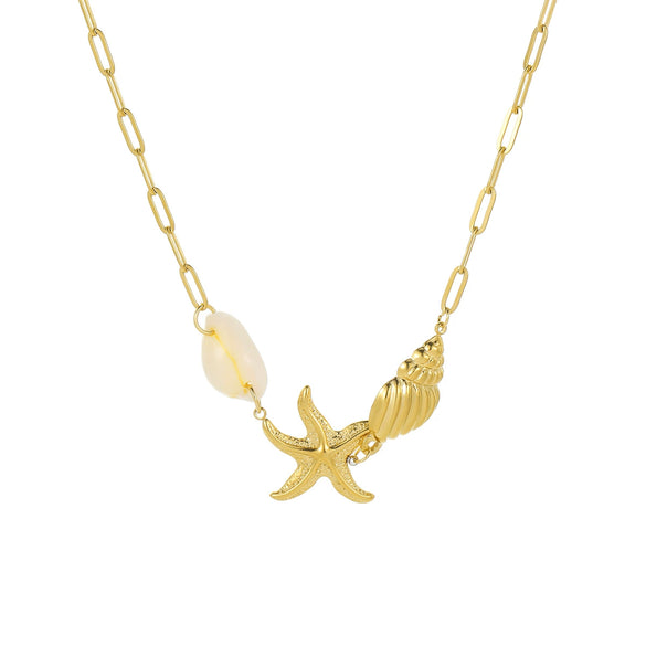 Women's Stainless Steel Ocean Style Geometric Starfish Shell Pearl Necklace And Bracelet Electroplated