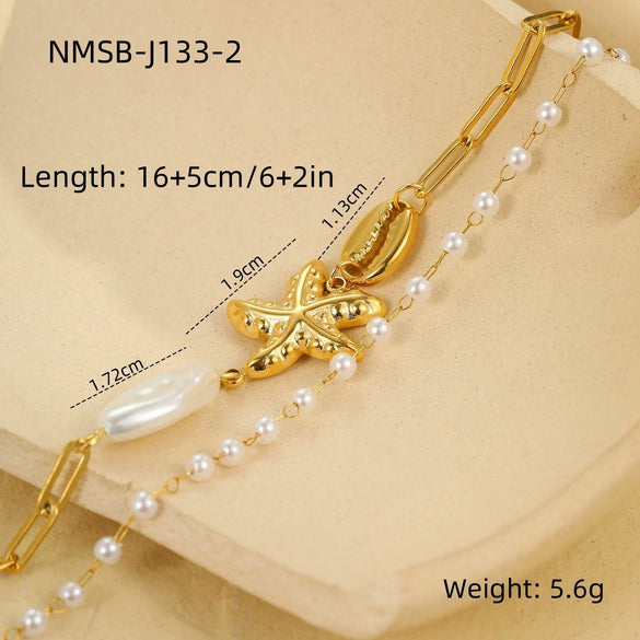 Women's Stainless Steel Ocean Style Geometric Starfish Shell Pearl Necklace And Bracelet Electroplated