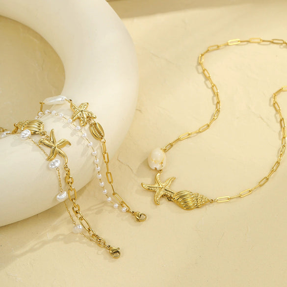 Women's Stainless Steel Ocean Style Geometric Starfish Shell Pearl Necklace And Bracelet Electroplated