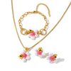 Women's Stainless Steel Oil Drip Flower Geometric Jewelry Set With Necklace Bracelet And Earrings In Gold Tone Vacuum Plating