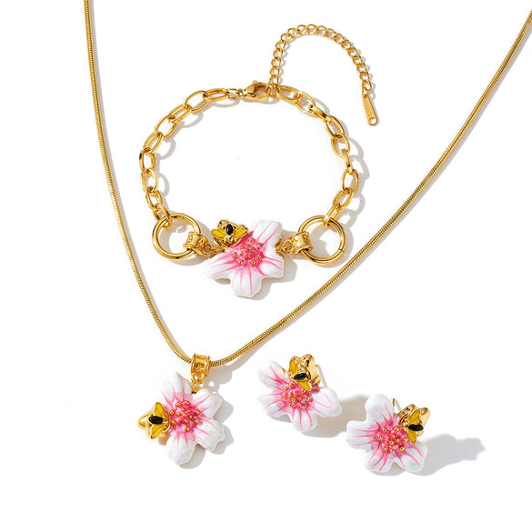 Women's Stainless Steel Oil Drip Flower Geometric Jewelry Set With Necklace Bracelet And Earrings In Gold Tone Vacuum Plating