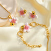 Women's Stainless Steel Oil Drip Flower Geometric Jewelry Set With Necklace Bracelet And Earrings In Gold Tone Vacuum Plating