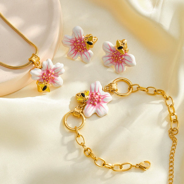 Women's Stainless Steel Oil Drip Flower Geometric Jewelry Set With Necklace Bracelet And Earrings In Gold Tone Vacuum Plating