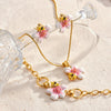 Women's Stainless Steel Oil Drip Flower Geometric Jewelry Set With Necklace Bracelet And Earrings In Gold Tone Vacuum Plating