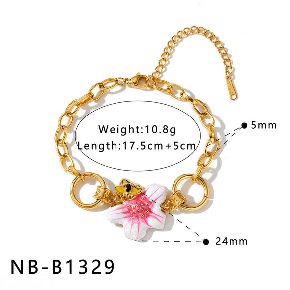 Women's Stainless Steel Oil Drip Flower Geometric Jewelry Set With Necklace Bracelet And Earrings In Gold Tone Vacuum Plating