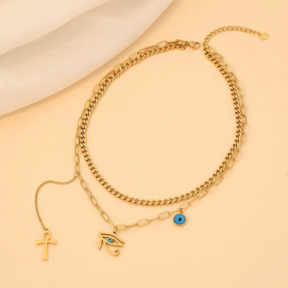 Women's Stainless Steel Oildropping Eye And Cross Pendant Necklace With Doublelayer Regular Chain Electroplated
