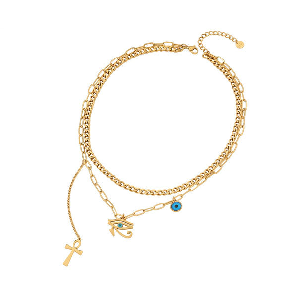 Women's Stainless Steel Oildropping Eye And Cross Pendant Necklace With Doublelayer Regular Chain Electroplated