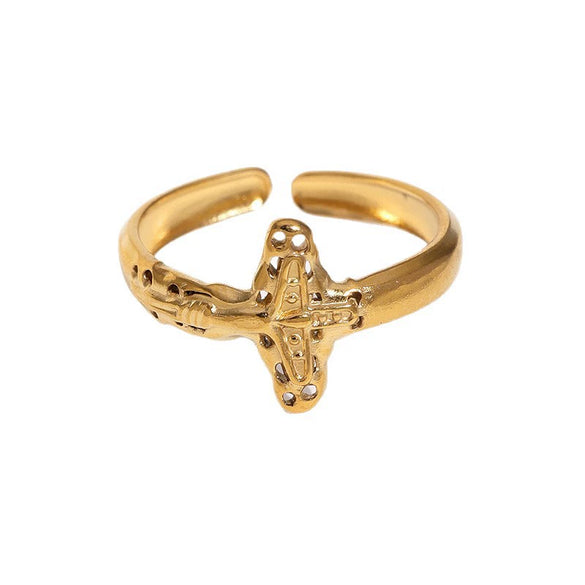 Women's Stainless Steel Open Cross Ring With Gold Plated Electroplated Finish And Niche Style