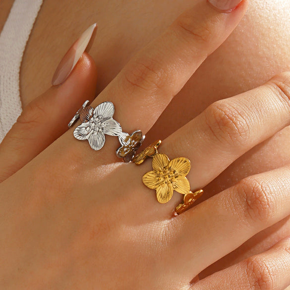Women's Stainless Steel Open Floral Ring With Electroplated Finish Simple Fashion Flower Design Non Fading High End Style