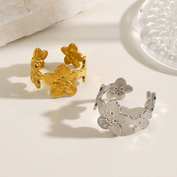Women's Stainless Steel Open Floral Ring With Electroplated Finish Simple Fashion Flower Design Non Fading High End Style