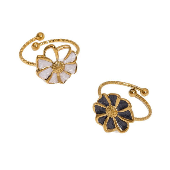 Women's Stainless Steel Open Flower Ring With Vintage Oil Drip Finish And Electroplated Simple Floral Design