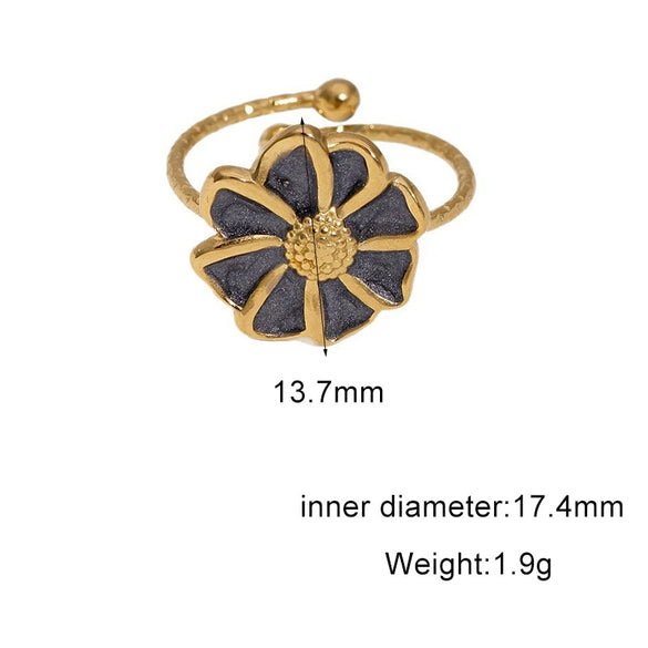 Women's Stainless Steel Open Flower Ring With Vintage Oil Drip Finish And Electroplated Simple Floral Design