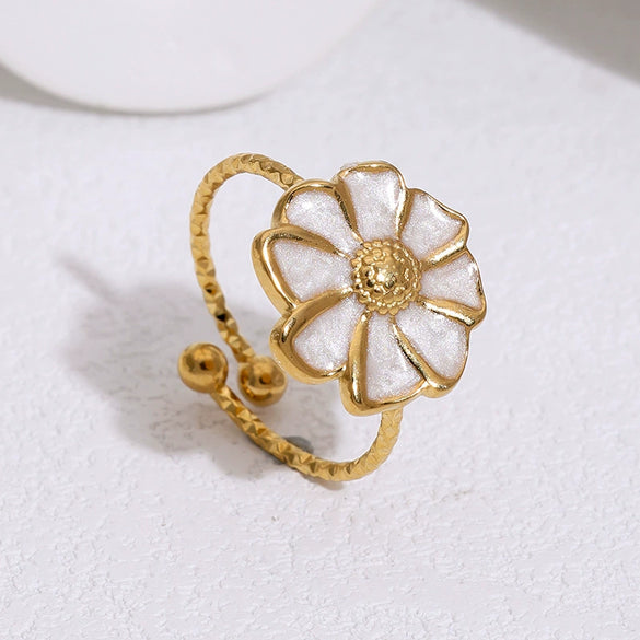 Women's Stainless Steel Open Flower Ring With Vintage Oil Drip Finish And Electroplated Simple Floral Design