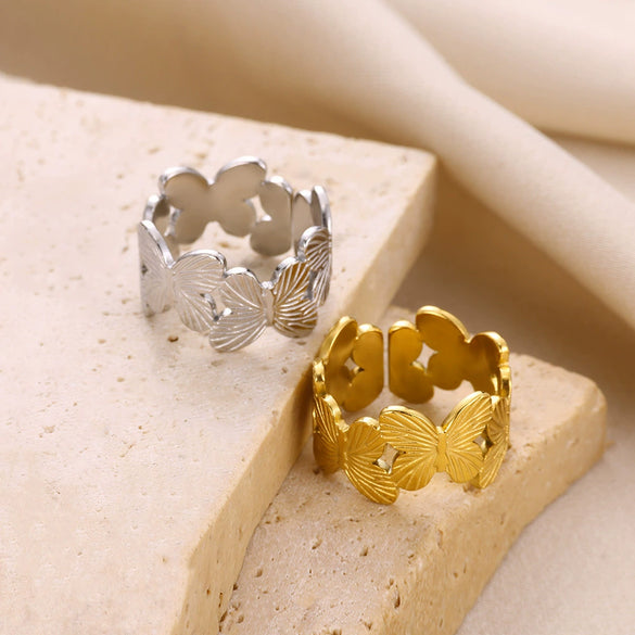Women's Stainless Steel Open Flower Shell Butterfly Ring Electroplated