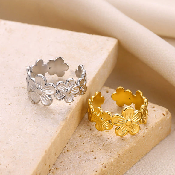 Women's Stainless Steel Open Flower Shell Butterfly Ring Electroplated